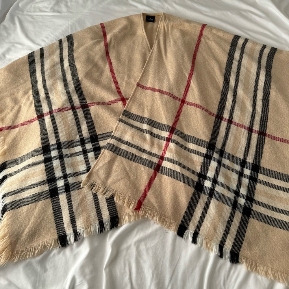 Plaid Poncho with Fringe Trim